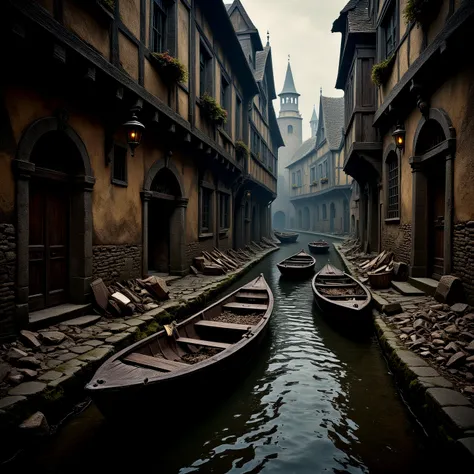 Boats on a canal at night in an old medieval city. Debris, rubbish, dilapidated. Lanterns hang from the walls. Rubble strewn about.
Atmospheric, moody, rustic. Dark.
mdvlCE