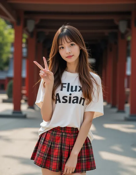 A photograph of an incredibly beautiful 18-year-old girl with long, stylish gradient brown hair, standing confidently at a street during daylight. She is wearing a shirt with "Flux Asian" boldly painted in large, readable lettering, making the message stan...