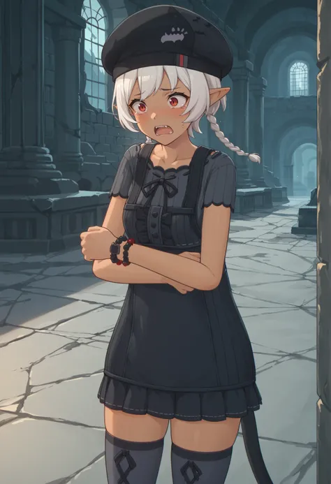 1girl, dark skin, red eyes, short hair, low twin braids, white hair, pointy ears, beret, short dress, suspenders, black shirt, short sleeves, bracelet, jewelry, cat tail, thighhighs, indoors, ruins, night, scared, fang, open mouth, tears, clenched hand, lo...