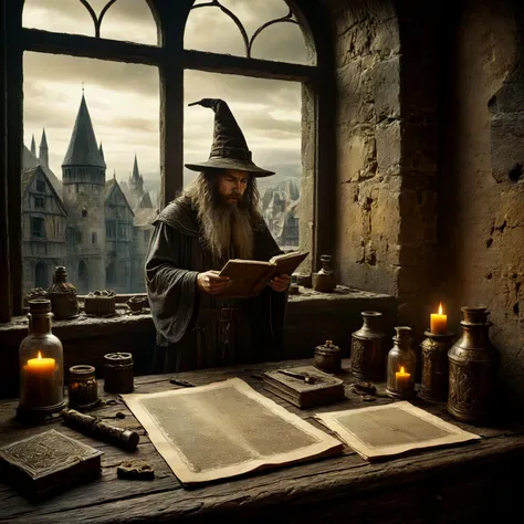 A wizard in his secret room, puzzling over books and potions, casting mystical spells. A city outside the window.
Atmospheric. Rustic.
<lora:Medieval02-00_CE_SDXL_64x32x120x2bOT:0.8>
mdvlCE
