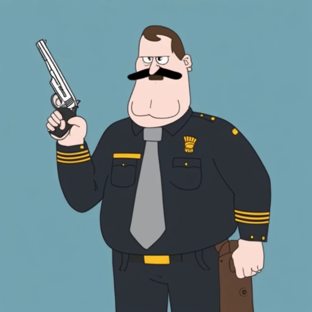 Randall Crawford, mustache, holding a gun,