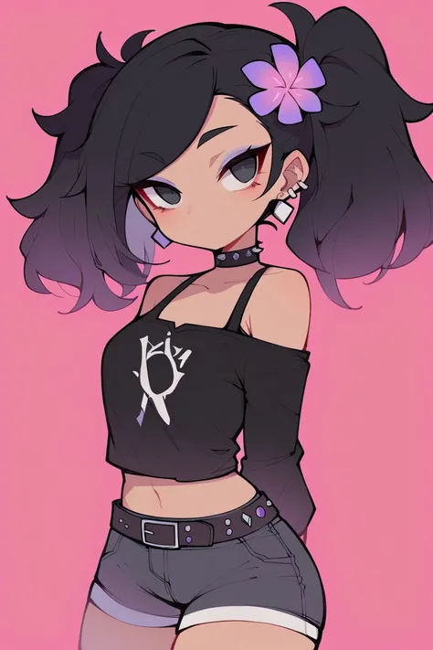 score_9, score_8_up, score_7_up, SugarPastel, 1girl, shorts, black nails, hair flower, shirt, black hair, simple background, navel, flower, long sleeves, pink background, hair ornament, black shorts, off-shoulder shirt, midriff, black shirt, crop top, cowb...