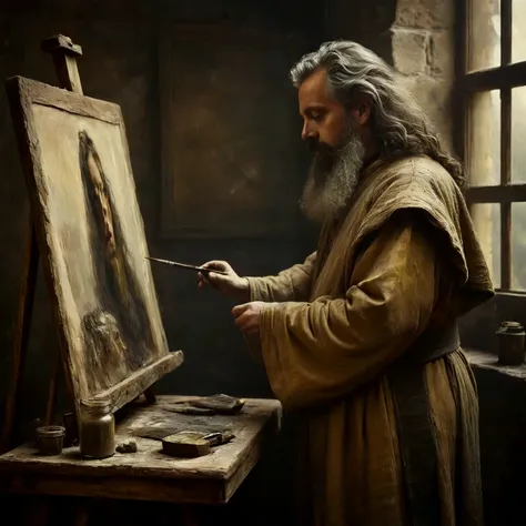 A master artist painting at his easel (grey hair and beard), standing before his easel. Dressed in ancient robes. Painting a beautiful portrait for a woman.
Atmospheric. Rustic.
<lora:Medieval02-00_CE_SDXL_64x32x120x2bOT:0.8>
mdvlCE