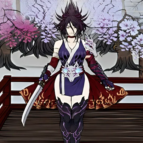 Bare shoulder, male focus, hair between eyes, collarbone, full body, gloves, ninja leg armor, toeless legwear, White skin, 1girl, cleavage, tree, long hair, sword, holding weapon, cherry blossoms, katana, grey eyes