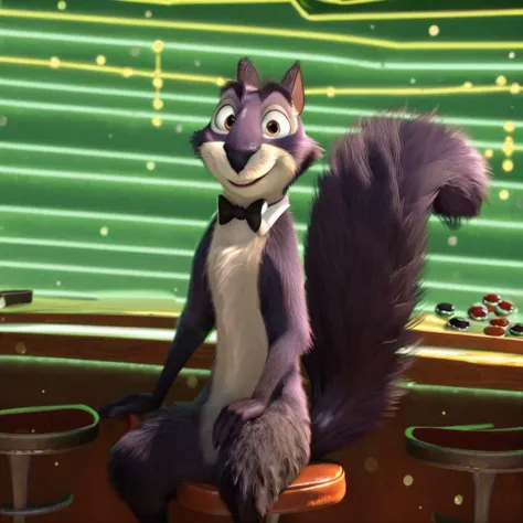 <lora:Surly_Nut_Job_-PonyXL:1> score_7_up, score_8_up, 1boy, Surly, Squirrel, Purple fur, white belly, white muzzle, 3d, Squirrel tail, casino, tuxedo, lights, caustics, light particles, brown eyes, toon (style), black clothes, bottomless, sitting, bar sto...