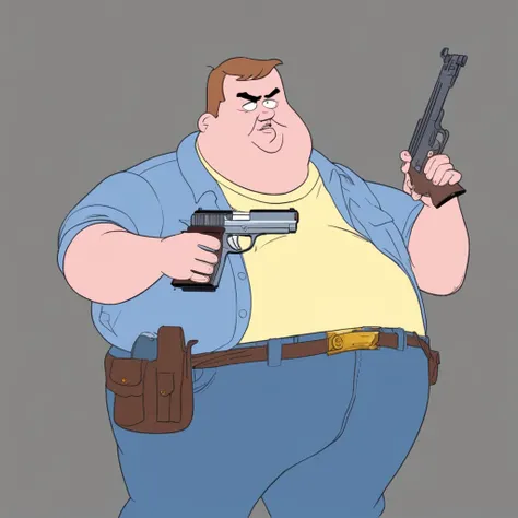 Dusty, overweight, holding a gun