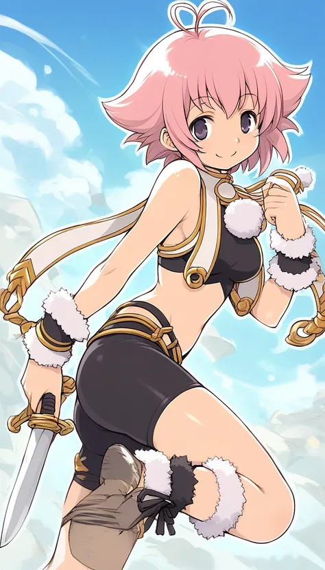 score_9, score_8_up, score_7_up, source_anime, rating_explicit, BREAK <lora:Sugar_Ver2.0_XL:1> Sugar, short hair, ahoge, antenna hair, weapon, purple eyes, pink hair, dagger, knife,
bare shoulders, shorts, midriff, fur trim, bike shorts, crop top, anklet...