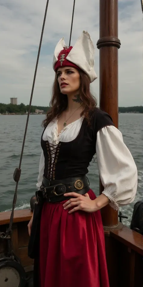 Clementine Delauney is dressed like a pirate on a boat   <lora:ClementineDelauney:0.9>