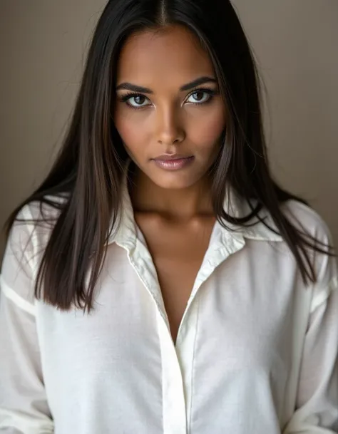 laugeser, portrait of a young woman wearing a white shirt, the photo is taken on a modern DSLR camera with full HDR