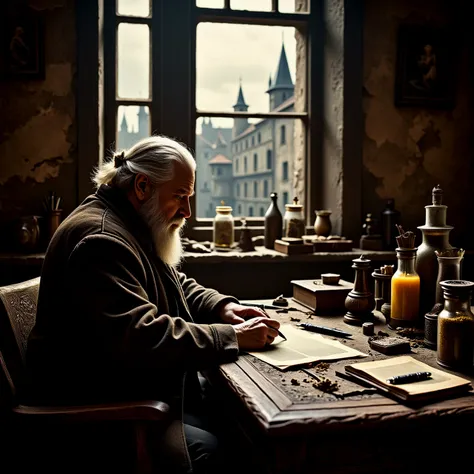 A wizard in his secret room, puzzling over books and potions, casting mystical spells. A city outside the window. His hair and beard are white, his eyes a rheumy. The man looked intensely focused on his work. Shafts of sunlight shine through the window.
A...
