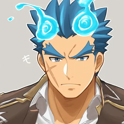 solo, male focus, 1boy, blue hair, fiery horns, scar on cheek, thick eyebrows, hair slicked back