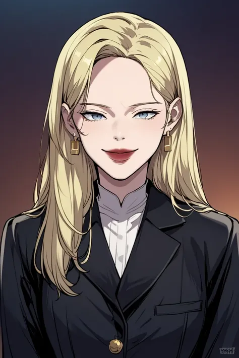 score_9, score_8_up, score_7_up, score_6_up, source_anime, rating_explicit, 1girl, smil body, standing, front view, looking at viewer, upper body, smiling, medeuim breast, long hair, blonde hair, jewelry, standing, black jacket, earrings, black coat, grey ...