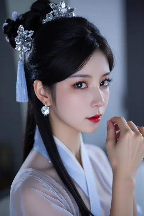 1girl,solo,tassel bun,perfect face,long hair,bangs,black eyes,black hair,brown eyes,brown hair,realistic,eyelashes,nose,hanfu,Medium breasts,BREAKupper_body,(((crystals texture Hair))),((beautiful detailed glass hair)),((glass shaped texture hand)),((cryst...