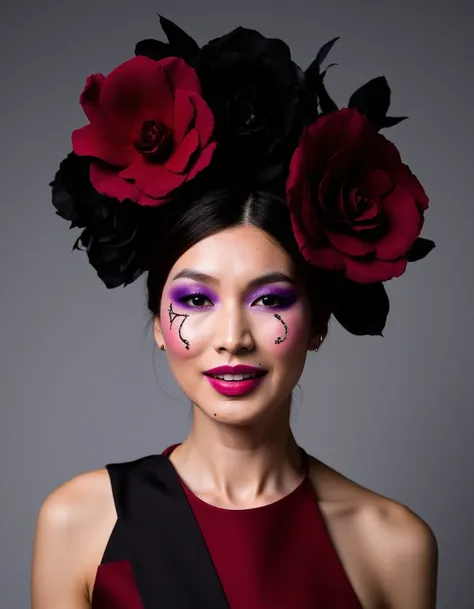 The image is a high-resolution photograph featuring a young woman with an elaborate, avant-garde makeup look. Her face is adorned with vibrant, eye-catching makeup. Her eyes are looking at front, and she wears heavy, dramatic eye makeup with a striking pur...