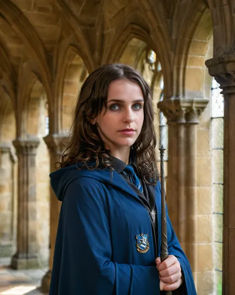 <lora:st3fj00st_46XL-000007:0.9>, a (close up:1.3) photograph of (beautiful 24 year old) (st3fj00st woman:1.2) as a professor at Hogwarts,wearing a (Ravenclaw magician cloak:1.4),holding up an exquisite carved magic wand,standing in a long hallway,with got...