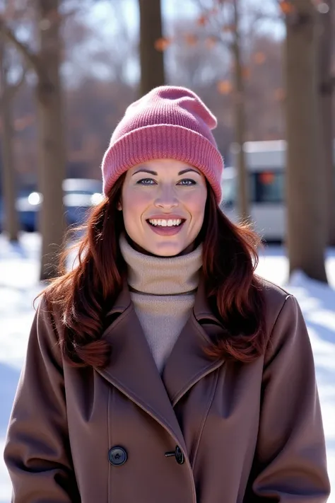 portrait of Donita Dunes wearing a winter coat and a wool turtleneck sweatshirt and a beanie on a sunny winter day in a park, smiling, bokeh <lora:Donita Dunes_Flux_Rapid:1.15>