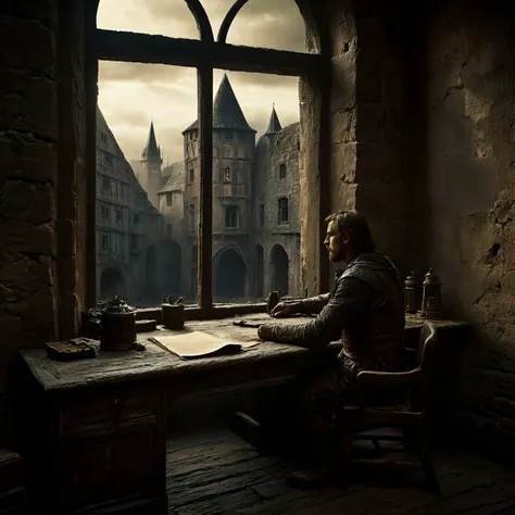 Medieval city. A man sitting at a desk by an open window inside a dusty room.
Atmospheric, moody, rustic. Enchanting. Dark.
<lora:Medieval02-00_CE_SDXL_64x32x120x2bOT:0.8>
mdvlCE