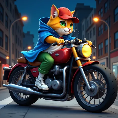 cataus cartoon in blue coat and red cap, <lora:Cataus _Rank128_1600_compres64:1>, on a sports motorcycle, at night