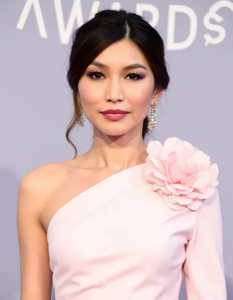 This is a high-resolution photograph of a woman posing at an event, likely an awards show. She has an oval face with smooth, fair skin, and her dark hair is styled in a sophisticated updo with loose tendrils framing her face. Her makeup is meticulously app...