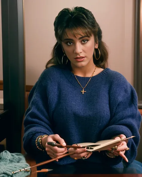 Photo of sabrina, decently clothed, bracelet, knitting a sharf, 4k, highest quality, master piece <lora:Sabrina:1>