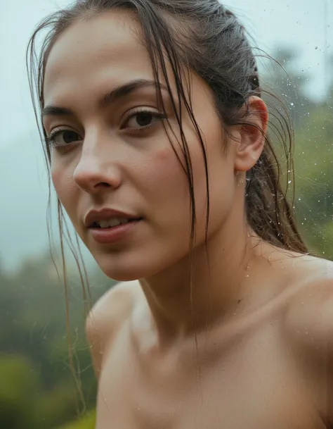 Close up of a Beautiful woman, surrounded by fogged-up glass and droplets of water on her skin. Soft diffused lighting from above, creating a warm, hazy glow that highlights her through the mist. High ISO 1600, to capture the fine details of the stream and...