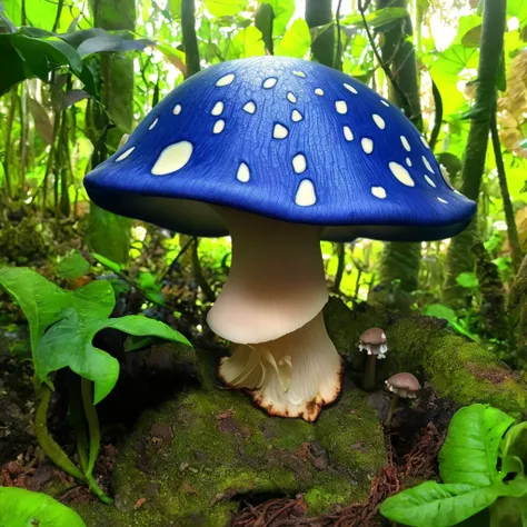 masterpiece, intricate photo, mushroom with blue cap, background enchanted jungle, fantasy art, mystic, hyper realistic, highly detailed, sharp focus, friendly colors, cozy outdoor lighting, high resolution, best quality, 8K, toadstool_safetensors_embeddin...