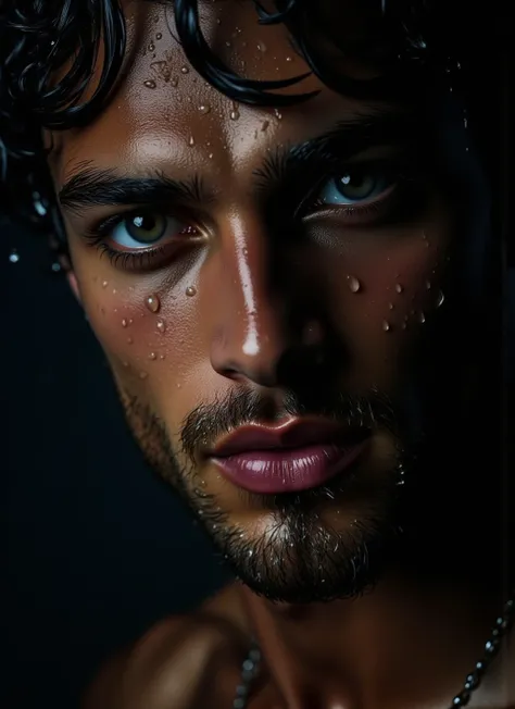 An alluring close-up of a young mans face with delicate water droplets creating an intricate pattern across his skin, a dark background contrasting his features. Soft diffused light enhances the contours and textures of his face, making the portrait compel...