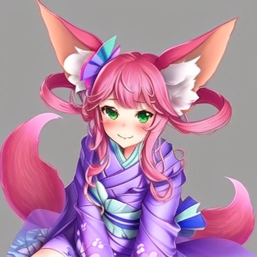 1girl, cute girl, kimono, animal ears, fox ears, fox tails, multiple tails, hairpin, pink hair, cute face, thighhighs, green eyes,(best quality)