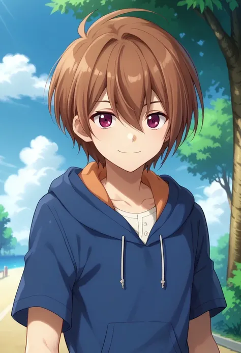 score_9, score_8_up, score_7_up, source_anime, highly detailed, 
taiyou, 1boy, solo, male focus, hood, hoodie, brown hair, smile, drawstring, purple eyes, looking at viewer, blue hoodie, hood down, short sleeves,  hair between eyes, short hair, bangs, 
out...