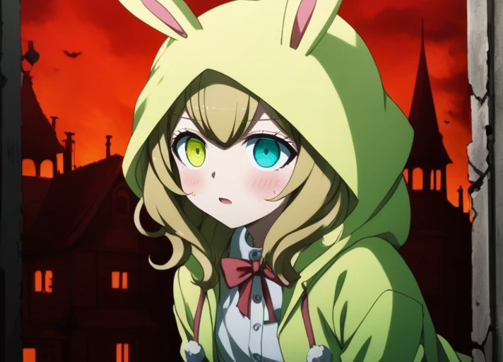 solo,  (((heterochromia))), (((green left eye))), (((blue right eye))), (((right eye is blue)), (((left eye is green))), <lora:Aiko_Umesawa_SDXL:1>,  This is an anime screencap from Danganronpa 3. . Aiko Umesawa wearing her uniform from Danganronpa 3. Shes...