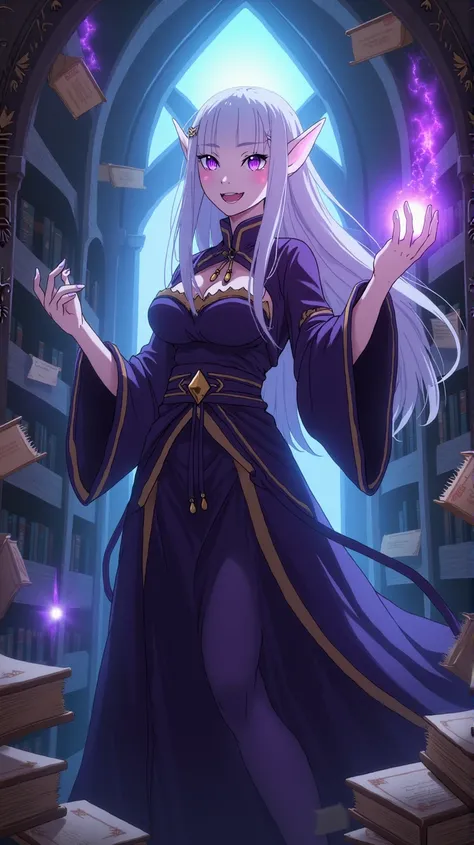 Emilia is an elf, Emilia has white hair, Emilia has purple eyes, Emilia in a magical library, surrounded by floating books and glowing runes, wearing a long dark purple robe, her hand extended as she casts a spell, a mysterious smile on her face, ancient k...