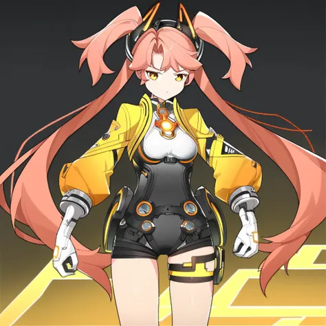 e0s-ft, 1girl, long hair, twintails, gloves, breasts, thigh strap, headgear, jacket, orange eyes, white gloves, very long hair, long sleeves, bangs, small breasts, yellow eyes