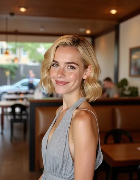 <lora:Kiernan_Shipka_Flux:1>,  blonde, short wavy hair, wearing a dress, standing in cafe looking at the viewer, smiling