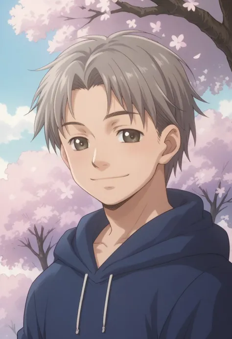 score_9, score_8_up, score_7_up, source_anime, highly detailed, 
takemoto, 
1boy, male focus, solo, hood, hoodie, brown eyes, grey hair, smile, hood down, outdoors, closed mouth,
looking at viewer, blue hoodie, upper body, cherry blossom, smile