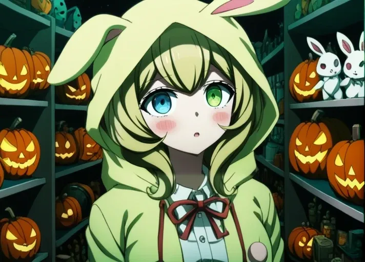 solo,  (((heterochromia))), (((green left eye))), (((blue right eye))), (((right eye is blue)), (((left eye is green))), <lora:Aiko_Umesawa_SDXL:1>,  This anime screencap is from Danganronpa the Animation. . Aiko Umesawa wearing her uniform from Danganronp...