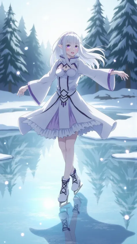 Emilia is an elf, Emilia has white hair, Emilia has purple eyes, Emilia ice skating on a frozen lake, twirling gracefully, her reflection visible on the clear ice, her breath fogging in the cold air, dressed in a white winter coat, snow-covered trees in th...