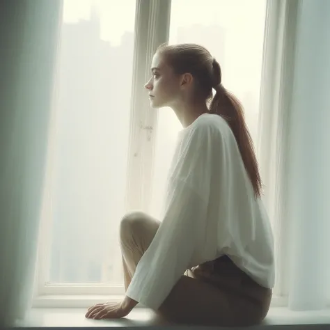 cinematic photo a Woman sitting on a window sill looking out the window, white shirt, tumblr, aestheticism, movie still, pretty, pixiv . 35mm photograph, film, bokeh, professional, 4k, highly detailed