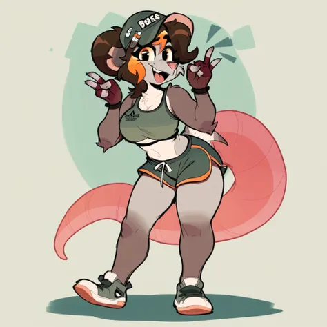 score_9_up, score_8_up, score_7_up, score_6_up, furry female, full-length portrait, gabby bytes, female, furry, possum, yellow eyes, hat, orange highlights, brown hair, tail, headwear, headgear,  large breasts, gesture, looking at viewer, smile, midriff, c...