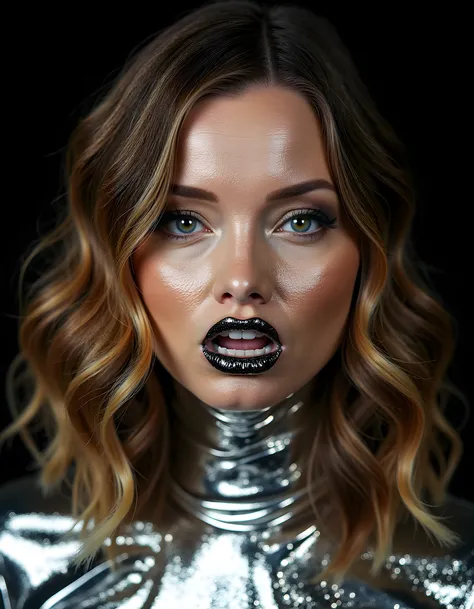 A striking close-up image captures KR15T3N5A, a woman with cascading brown hair adorned in an avant-garde, shimmering silver outfit that seems to morph from liquid metal. Her teeth glint against her dark lips as she stares directly into the camera, her eye...