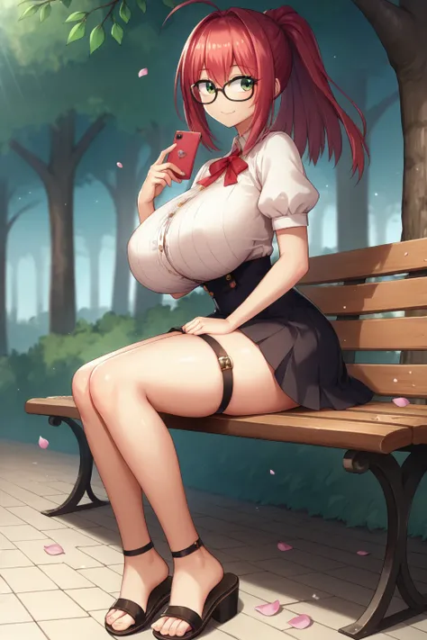 score_9, score_8_up, score_7_up, source anime,
sitting, leaning forward, looking to the side, happy, light smile, holding phone,
<lora:Ero Appli Gakuen - Midou Kaede:0.8> , midou kaede, red hair, ponytail, green eyes, large breasts,
blouse, black skirt, th...