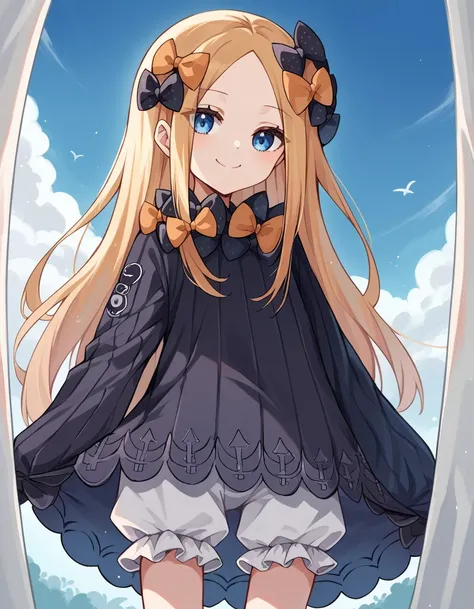 score_9, score_8_up, score_7_up, source_anime, <lora:fgo-abigail-williams-ponyxl-lora-nochekaiser:1>, abigail williams, blonde hair, blue eyes, forehead, long hair, parted bangs,, black bow, black dress, bloomers, bow, dress, hair bow, long sleeves, multip...