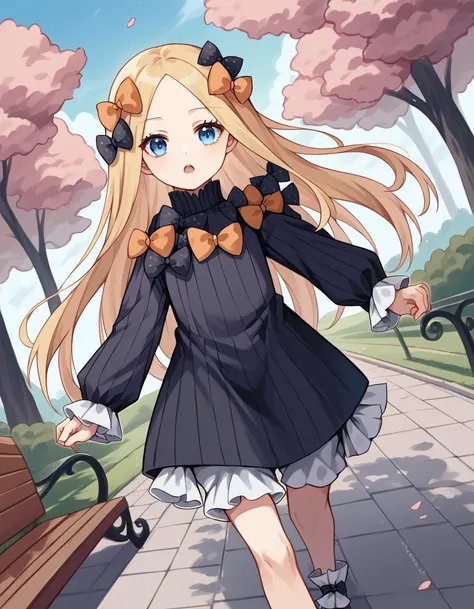 score_9, score_8_up, score_7_up, source_anime, <lora:fgo-abigail-williams-ponyxl-lora-nochekaiser:1>, abigail williams, blonde hair, blue eyes, forehead, long hair, parted bangs,, black bow, black dress, bloomers, bow, dress, hair bow, long sleeves, multip...