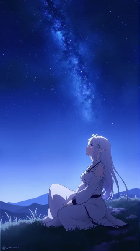 Emilia is an elf, Emilia has white hair, Emilia has purple eyes, Emilia sitting on a hilltop, looking up at a sky full of stars, the Milky Way clearly visible, her hair gently flowing in the breeze, peaceful smile, soft grass beneath her, distant mountains...