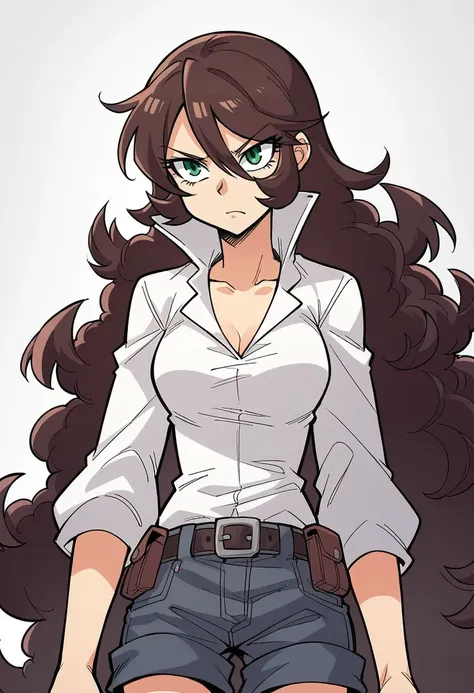 masterpiece, best quality, uncensored, source_anime BREAK score_9, score_8_up, score_7_up, score_6_up, score_5_up, score_4_up, 1girl, solo, mariewright, green eyes, brown hair, very long hair, big hair, curly hair, Expressiveh, white shirt, collared shirt,...