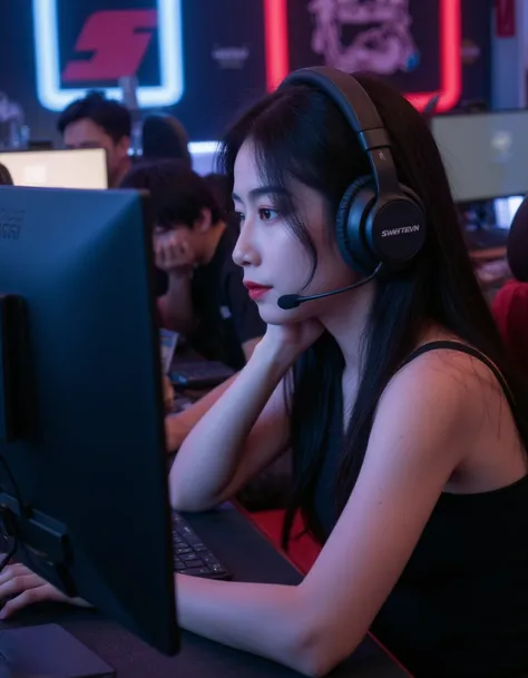 sweetseven, a beautiful woman, esports player, at a gaming convension, headphones, she is looking at the computer monitor, the monitor covers above 30 percent of the frame, we are viewing from the monitors back <lora:sweetseven:1>