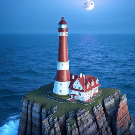 masterpiece, full scale wide photo, intricate photo, precisely detailed lighthouse with red-white colored ring-sections in the ocean on a rock by dark night, mfull moon is shining, hazy fog on the water surface, blue neon backlight at the horizon mirroring...