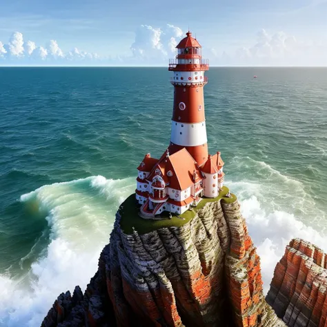 masterpiece, full scale wide photo, intricate photo, precisely detailed lighthouse with red-white ring-sections in the ocean on a rock, photo realistic, hyper realistic, highly detailed, sharp focus, high resolution, best quality, colorful, friendly colors...