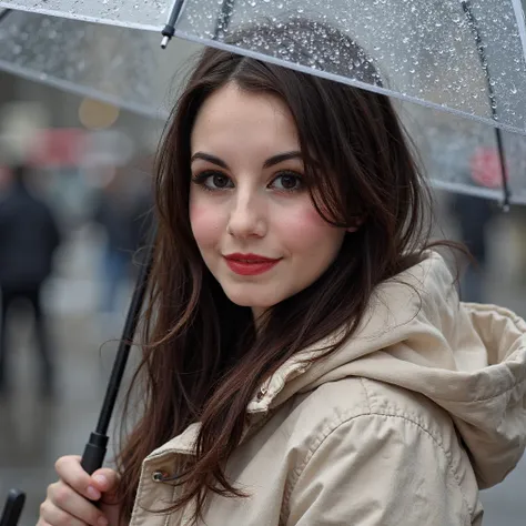 A photo of a woman. She has dark brown hair. The photo includes her entire body. She has bold black eyeliner. She has eyeshadow. She has a slight grin. She is looking directly into the camera. She has a natural skin texture. The skin is very detailed inclu...