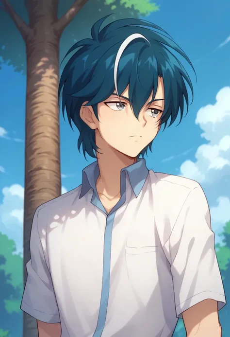 score_9, score_8_up, score_7_up, source_anime, highly detailed, 
kazuma, 
1boy, male focus, solo, blue hair, multicolored hair, streaked hair, grey eyes, shirt, collared shirt, white shirt, short sleeves, upper body,
outdoor, sky, cloud, tree