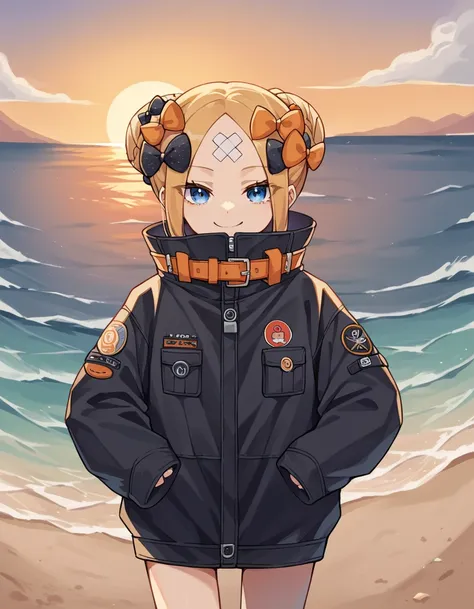 score_9, score_8_up, score_7_up, source_anime, <lora:fgo-abigail-williams-ponyxl-lora-nochekaiser:1>, abigail williams, blonde hair, blue eyes, forehead, long hair, parted bangs,, bandaid, bandaid on face, bandaid on forehead, belt, black bow, black jacket...